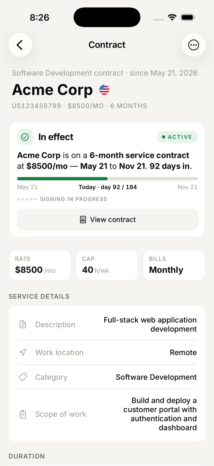 A contract in effect showing rate, weekly cap, billing frequency and term progress.
