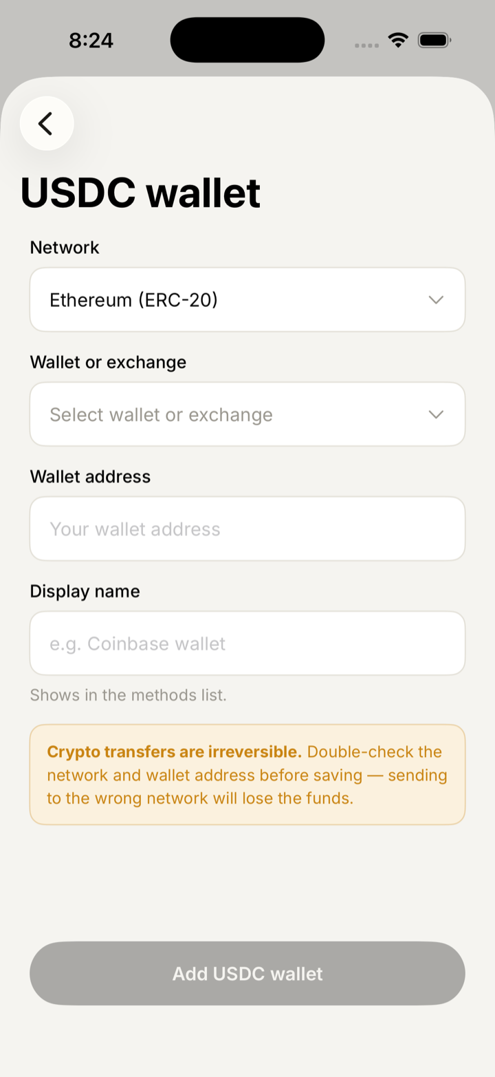 Adding a USDC wallet with a network and wallet provider picker.