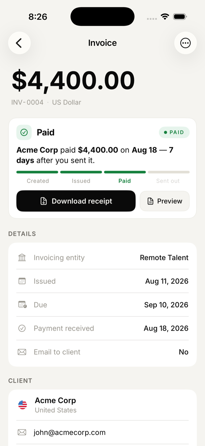 A paid invoice showing created, issued, paid and sent-out stages with a download receipt button.