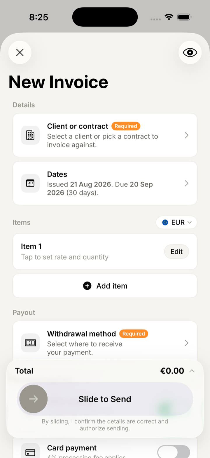 New invoice: client or contract, dates, line items, currency and payout method.