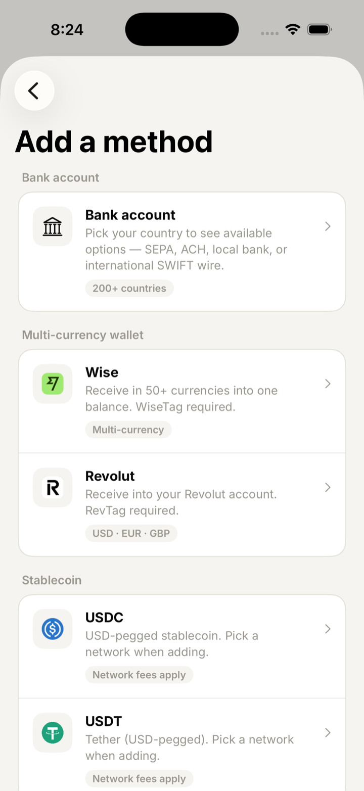Add a payout method: bank account, Wise, Revolut, USDC or USDT.